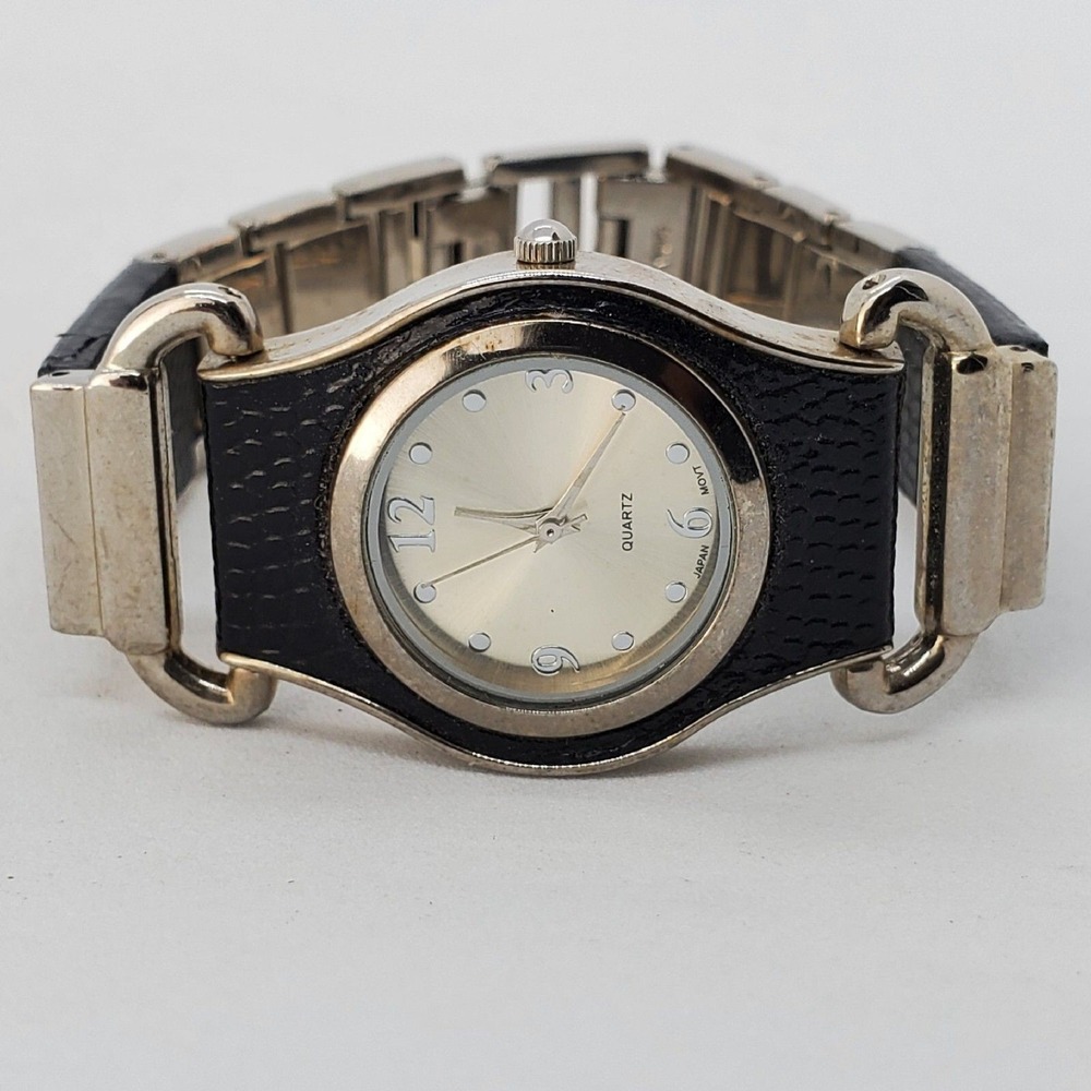 Women's Watch 30MM Gray Dial Black Gray Metal Leather Bands 7" New Battery